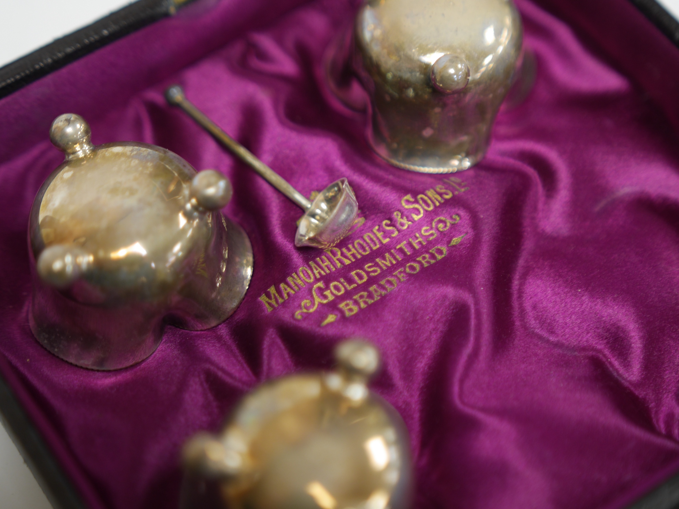 A cased set of four late Victorian silver salts and matching spoons, Horace Woodward & Co, London, 1890. Condition - fair to good